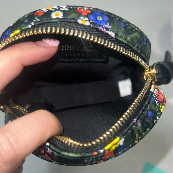 SALE!!! Jimmy Choo Satin silk floral logo coin pouch keychain wallet NEW